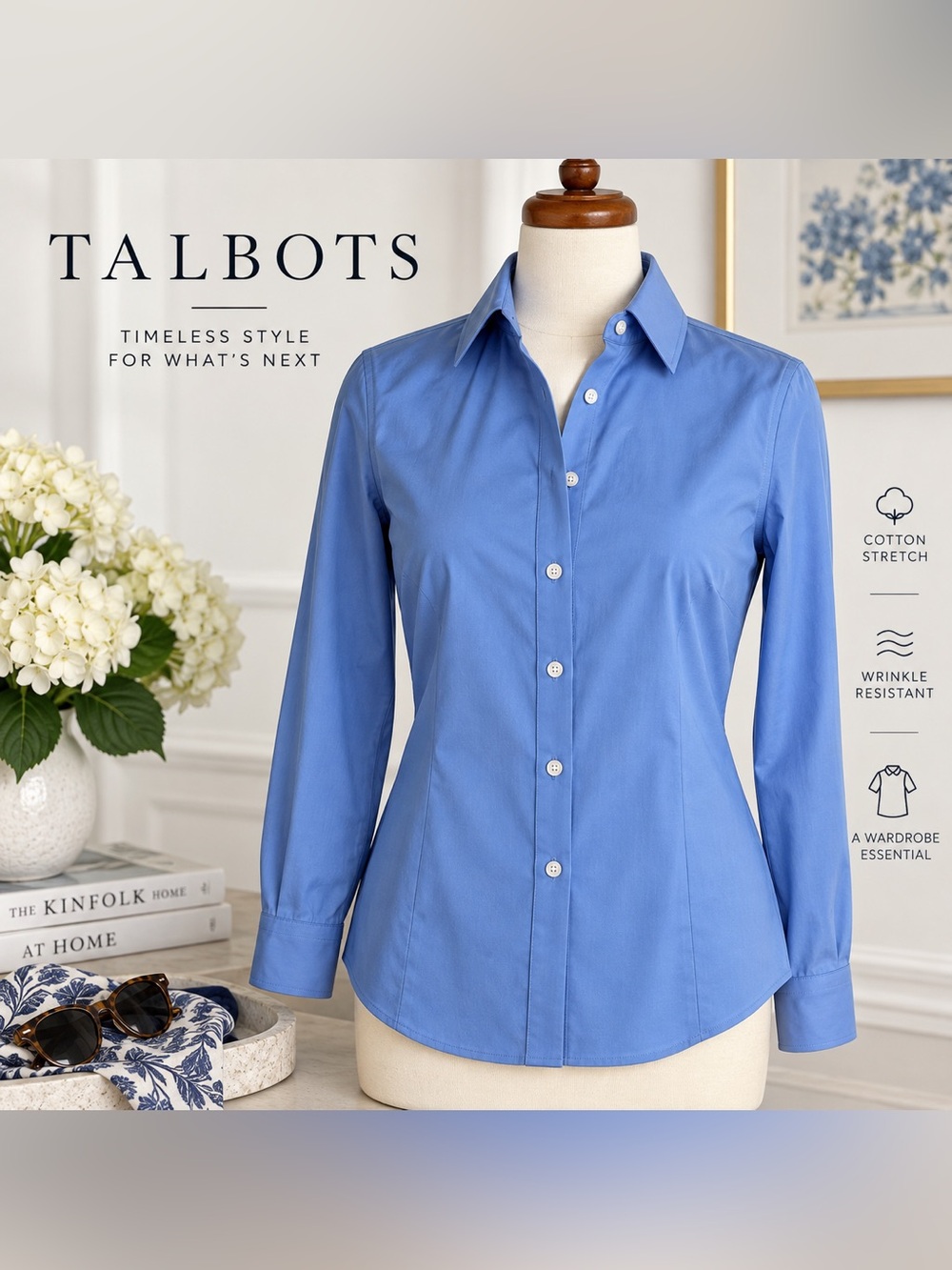 Talbots Blue Wrinkle Resistant Stretch Cotton Button Down Shirt 2 NWT